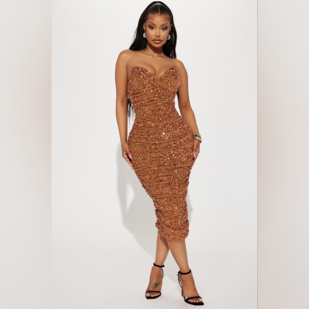 Fashion Nova Strapless Sequin Dress in Copper
